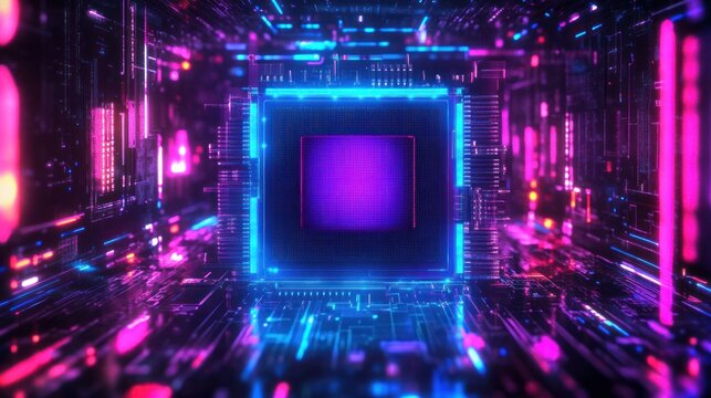 Glowing futuristic microchip or processor with vibrant blue and pink neon lights surrounded by intricate circuitry emitting a high-tech digital atmosphere - Powered by Adobe