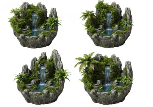 Four detailed 3d renderings of lush miniature island waterfalls with rocky outcroppings isolated on transparent background