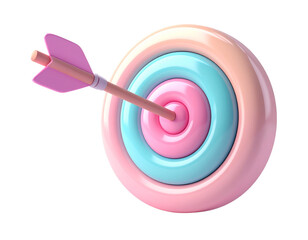 Stylized 3D icon of an arrow hitting the center of a glossy pastel target, illustrating business strategy and success