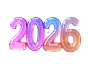 Futuristic 2026 New Year design element featuring glossy, inflatable numbers with a vibrant pink, purple, and orange gradient