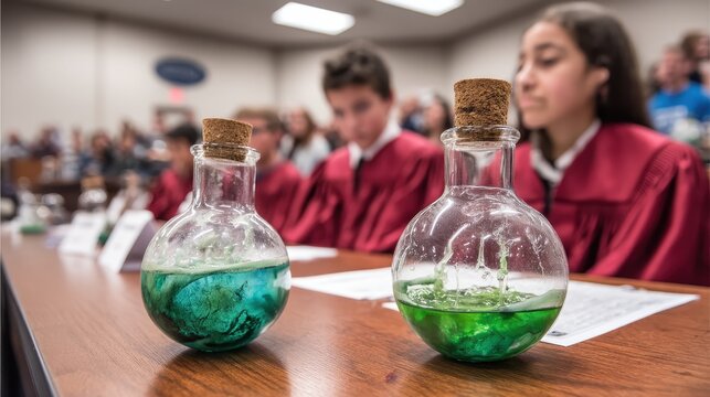 Young Scientists Present Innovative Experiments with Colorful Liquids at School Science Fair Event