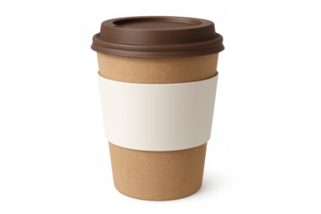 Disposable coffee cup with a brown lid and white sleeve, holding a hot beverage for a convenient takeaway experience