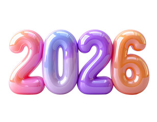 Colorful 3D render of the number 2026 in a glossy, inflated balloon style with pastel gradient colors, isolated on a white background