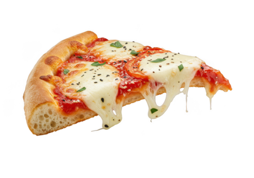 Delicious gooey cheese pizza slice drooping over a black background for food photography isolated on transparent background