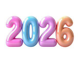 Colorful glossy 3D number 2026 in a playful balloon font, isolated on a white background. Concept for New Year celebrations and future events