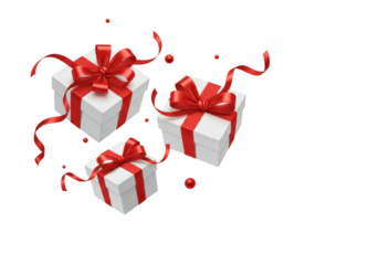 Three wrapped gift boxes with red ribbons floating mysteriously with red confetti scattered isolated on transparent background