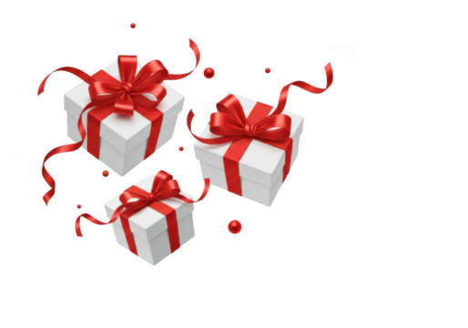 Three wrapped gift boxes with red ribbons floating mysteriously with red confetti scattered isolated on transparent background