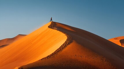 Solitary figure ascends the peak of a vast, illuminated sand dune against a clear sky