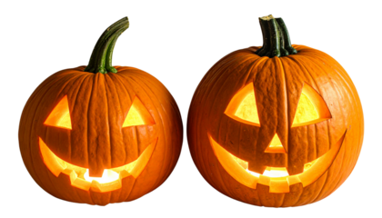  Carved pumpkin pair with glowing jack-o’-lantern designs, isolated on transparent background