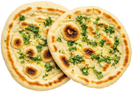 Deliciously baked garlic naan bread with fresh herbs ready to enjoy isolated on transparent background
