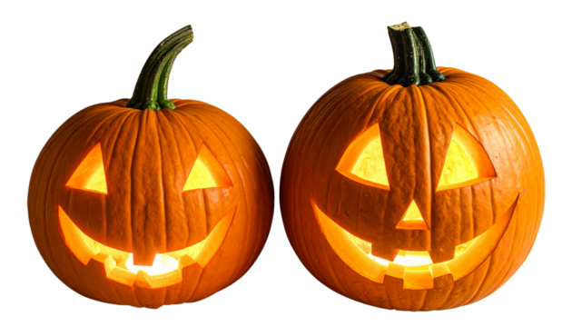 Carved pumpkin pair with glowing jack-o’-lantern designs, isolated on transparent background