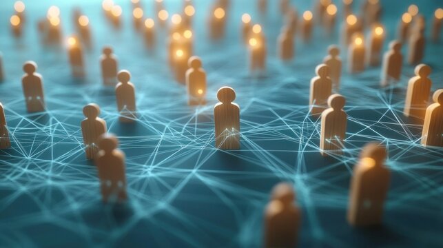 Wooden human figures interconnected by glowing digital lines depicting a network of communication and social connections with a futuristic and dynamic atmosphere