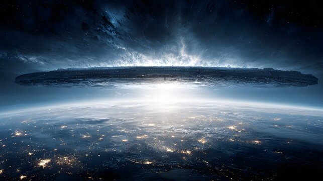 Colossal disc shaped spacecraft hovers menacingly above illuminated planet surface