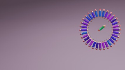 Color pencils and pen arranged in circular pattern on pastel background