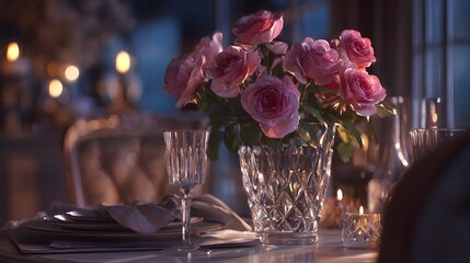 Elegant table setting with pink roses in crystal vase and glassware at a candlelit dinner