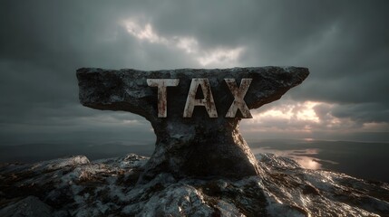 Three dimensional lettering spelling out the word tax rests precariously atop a rugged stone outcrop overlooking a vast landscape under a dramatic sky