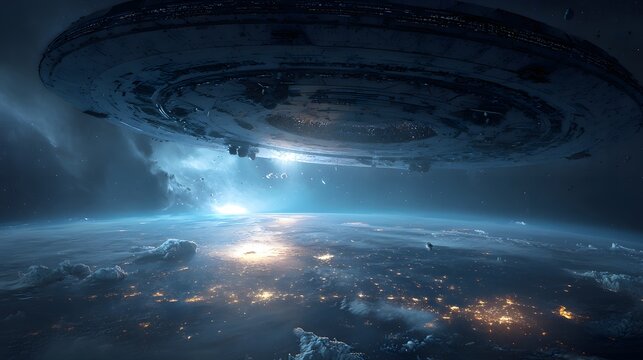 Massive extraterrestrial spacecraft hovers menacingly above a planet's illuminated surface