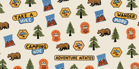 Whimsical outdoor adventure pattern featuring bears trees mountains and camping elements