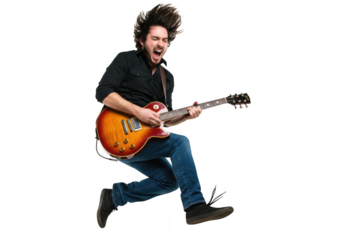 Energetic musician plays electric guitar with passion and intensity live performance captured isolated on transparent background