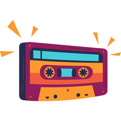 Retro Cassette Tape with Vibrant Orange and Purple Hues emitting sound waves symbolizing music and nostalgia