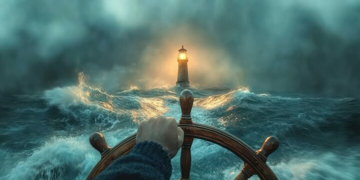 Hand gripping wooden ship wheel navigating through stormy rough sea waves towards a glowing lighthouse under dark cloudy sky, evoking determination and hope