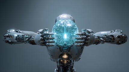 Advanced humanoid mechanism carefully cradles a glowing, illuminated internal cognitive core