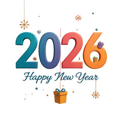 Happy New Year 2026 Colorful 3D Text Design with Gift Boxes and Snowflakes