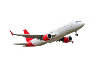 Modern airliner in flight dynamic ascent with red engine nacelles and tail isolated on transparent background