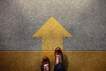 Standing at yellow Arrow on the road, Determination, direction, motivation, Start