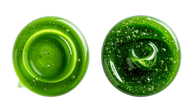 Bright green skincare gel smear pair with luminous texture, isolated on transparent background