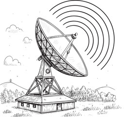 Obraz premium A drawing of a satellite dish on a building with trees and clouds in the background emitting signals