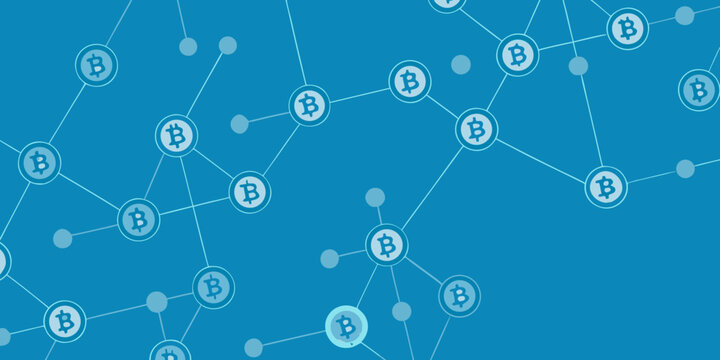 Seamless pattern of interconnected bitcoin symbols forming a digital network on a blue background