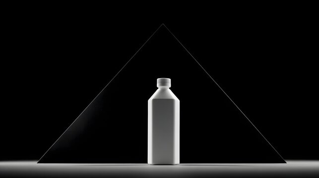 Minimalist presentation features a white rectangular bottle centered against a stark black background with triangular framing