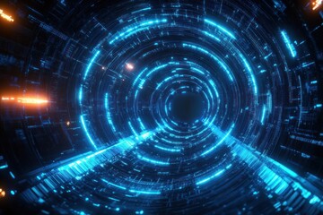 Glowing blue circular tunnel with futuristic digital light patterns creating a sense of depth and motion