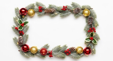Rectangular frame of frosted fir branches with red/gold baubles, berries, pinecones, lights