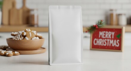 Blank coffee bag sits on kitchen counter next to gingerbread cookies and christmas decorations, creating warm and festive holiday scene.
