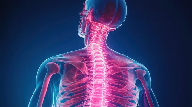 3D visualization of human upper skeletal system focusing on cervical and thoracic spine with glowing pink spinal column - Powered by Adobe