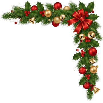 Christmas Corner Border with Holly Pine Red Gold Baubles Bells Berries and Bow Vector Decoration on Transparent Background