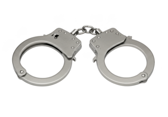 Close-up of metal handcuffs symbolizing law enforcement and justice with chains isolated on transparent background
