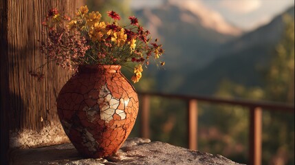 A rustic vase filled with colorful flowers sits on a stone ledge overlooking mountains in the background
