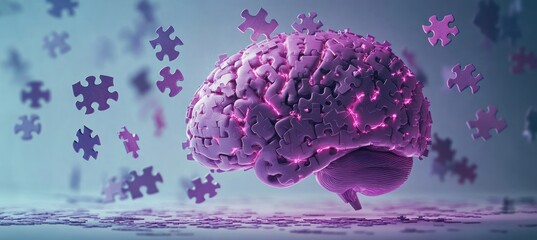 Purple human brain composed of interconnected puzzle pieces with glowing neural connections and floating puzzle fragments in a soft gradient background