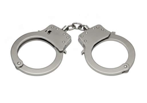 Close-up of metal handcuffs symbolizing law enforcement and justice with chains isolated on transparent background