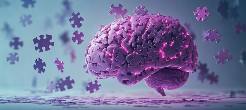 Purple human brain composed of interconnected puzzle pieces with glowing neural connections and floating puzzle fragments in a soft gradient background