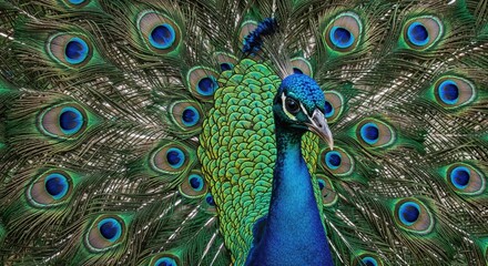 Fototapeta premium Peacock Display of Opulence: A magnificent peacock showcases its dazzling plumage, each feather a work of art, with vibrant colors and intricate patterns radiating elegance and beauty.