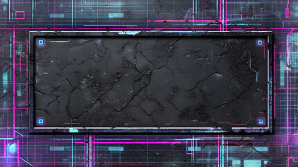 High-tech futuristic interface with neon blue and pink grid lines over cracked black concrete texture in a sci-fi digital layout