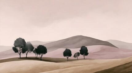 Minimalist landscape painting depicts rolling hills and sparse trees under a pale sky