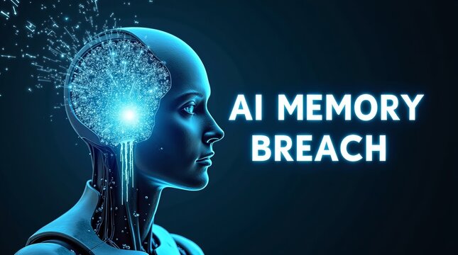 Futuristic female android with a glowing brain, symbolizing AI memory breach and advanced technology.