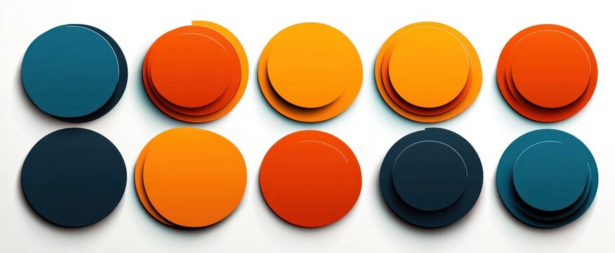 Array of colorful concentric circular shapes in teal, orange, and yellow shades arranged in two rows on a white background creating a modern and minimalist aesthetic