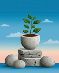 Unlearn to Grow , a tree growing from broken geometric shapes, gradient green-blue tones, symbolizing learning through change