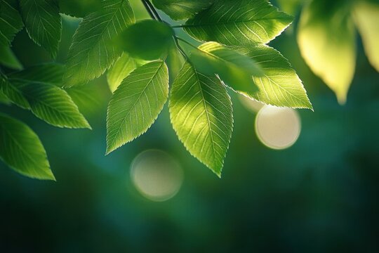 Close-up of vibrant green leaves illuminated by warm sunlight with soft bokeh background creating a peaceful natural atmosphere